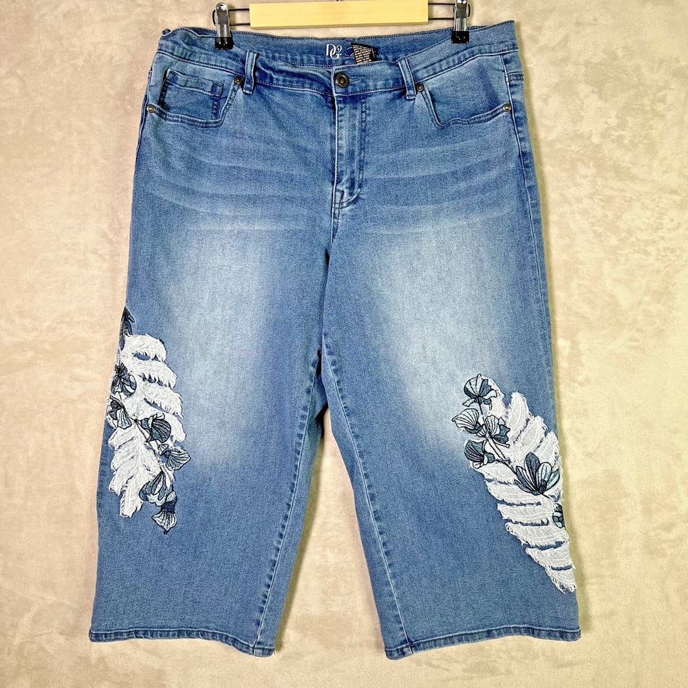 DG2 Diane Gilman Jeans 16 PW Embroidered Cropped Wide Leg Denim Midtone